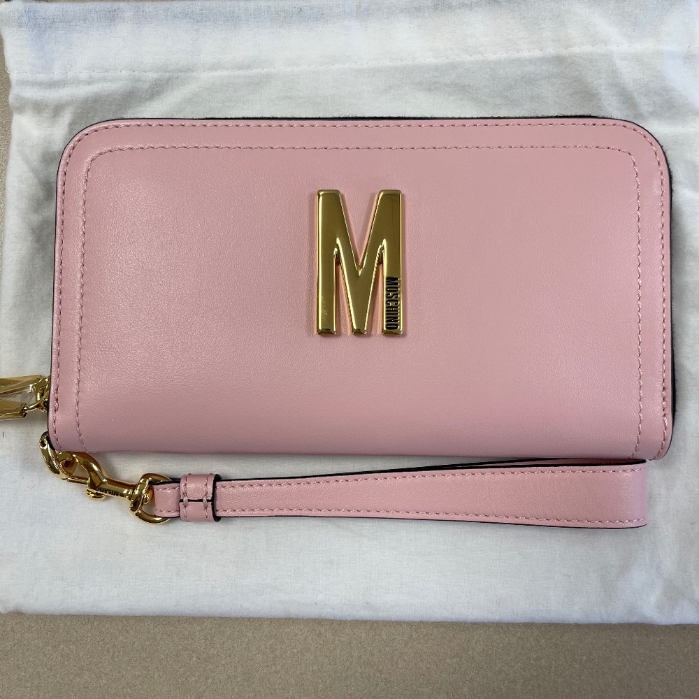 Moschino Pink Leather Zip Wristlet Wallet with Gold M Logo